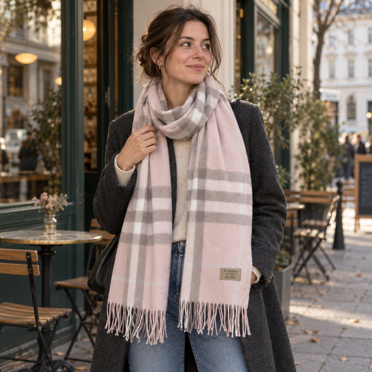 Langer Burberry Schal in Puderrosa Karo, getragen in Wien