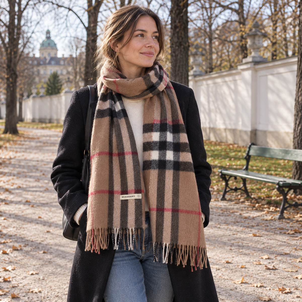 Burberry Schal in Kamelbraun Karo, getragen in Wien