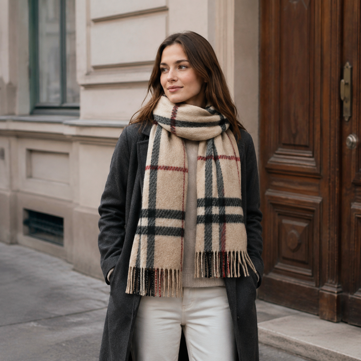 Burberry Schal Nr. 1 in Creme Karo, getragen in Wien