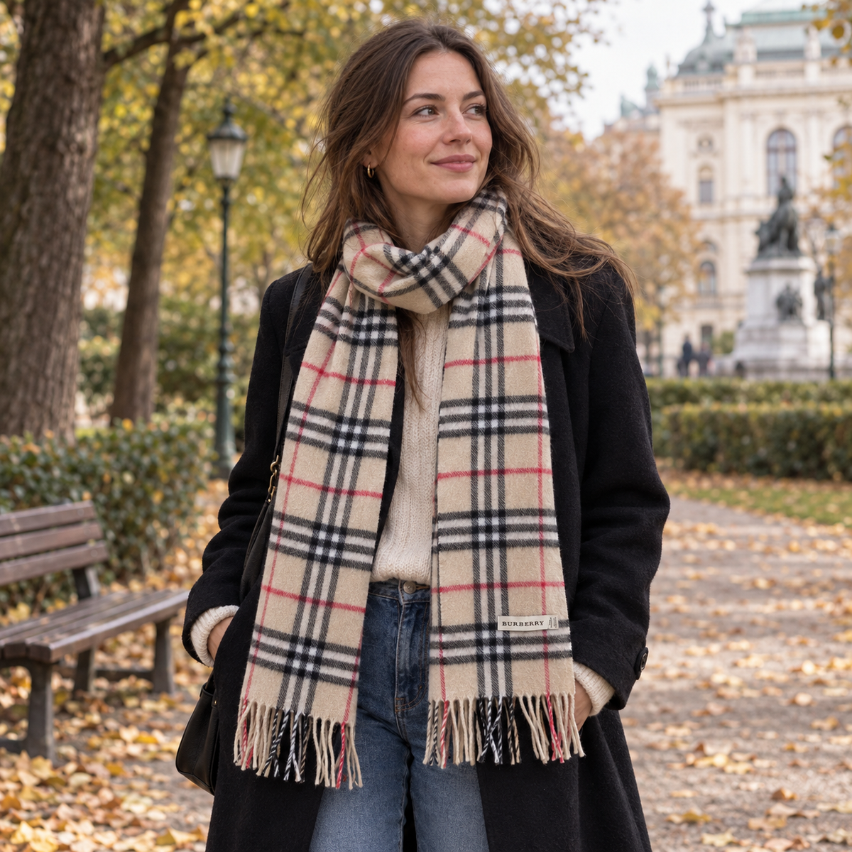 Burberry Schal Nr. 2 in Kamelbraun Karo, getragen in Wien