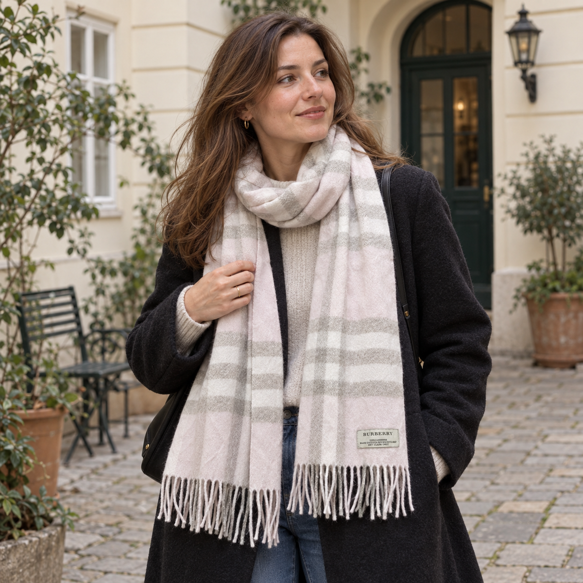Burberry Schal Nr. 3 in Creme Karo, getragen in Wien