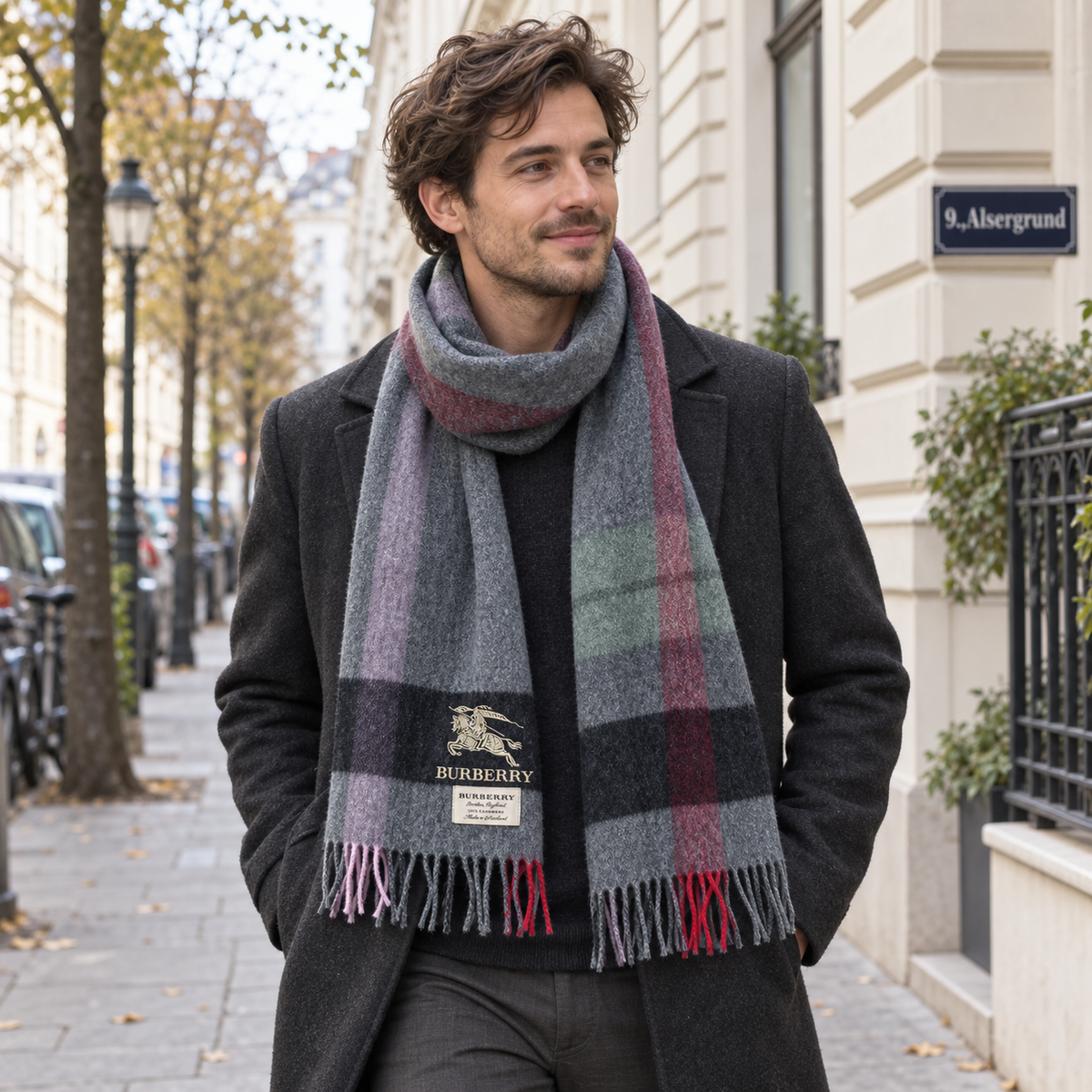 Burberry Schal Nr. 4 in Graublau Karo, getragen in Wien