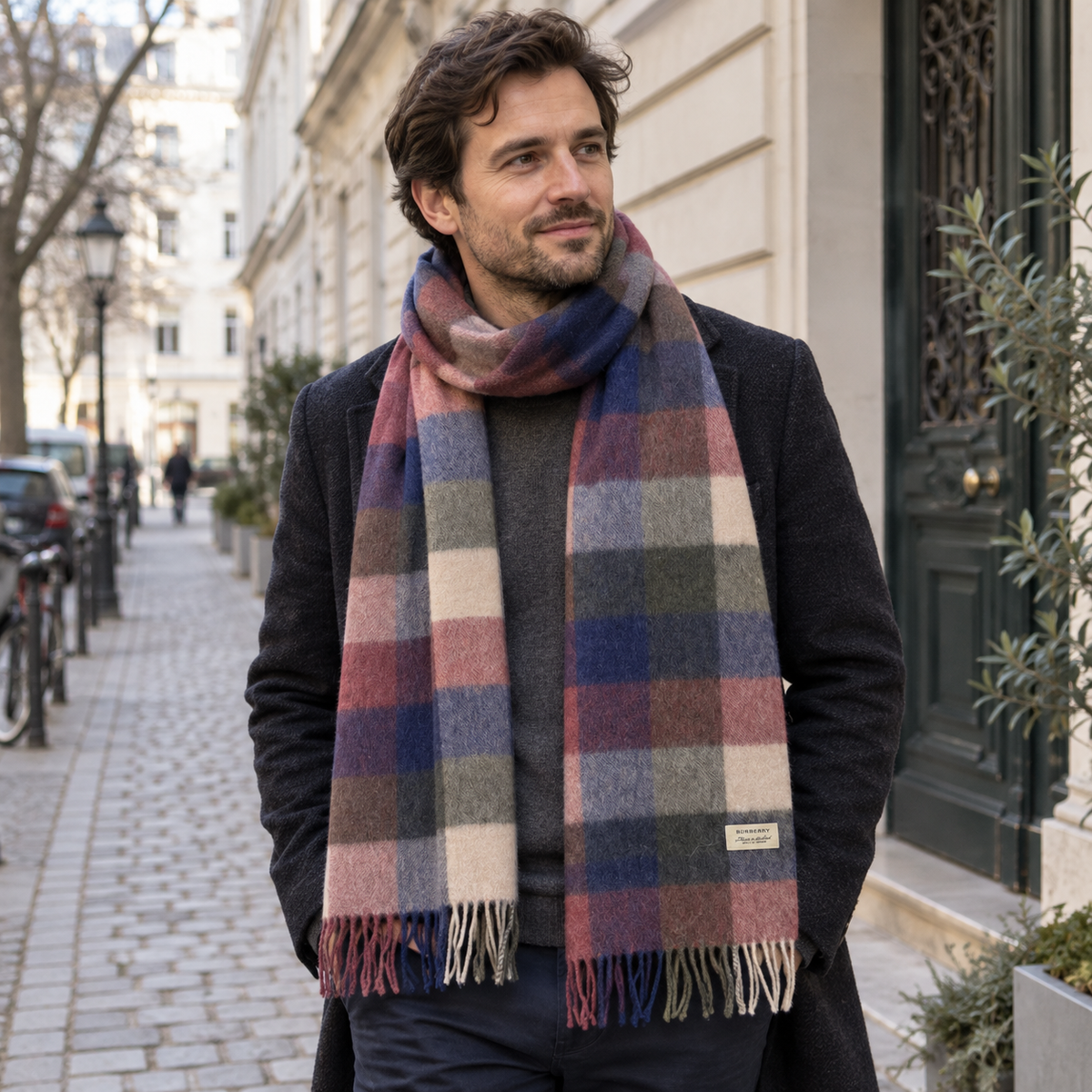 Burberry Schal Nr. 5 in Buntkaro Blau-Rot, getragen in Wien