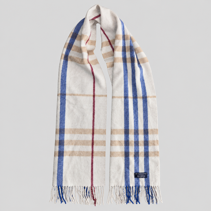 Vintage Burberry Schal Nr. 6 in Creme Karo mit Blau, ganz ausgebreitet