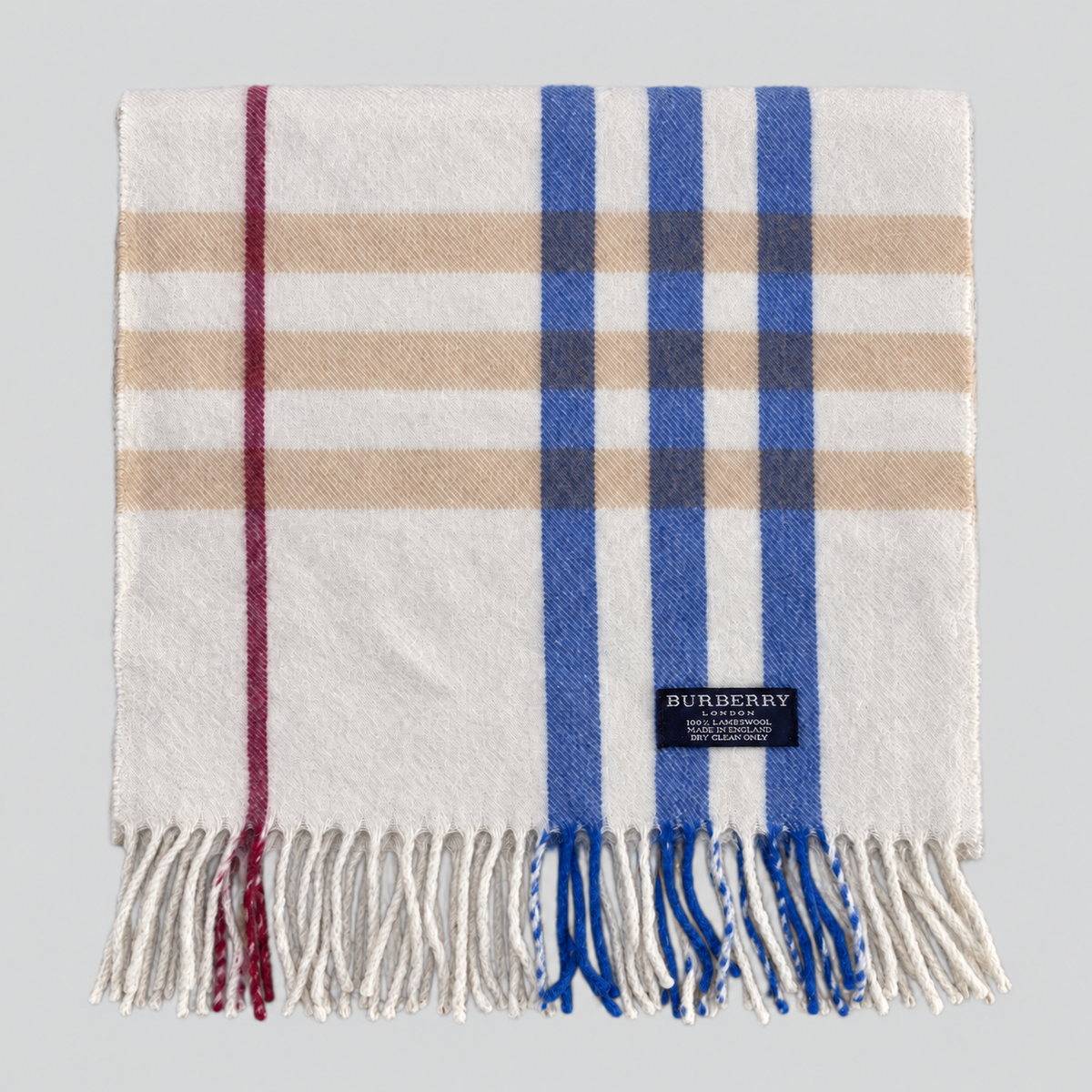 Burberry Schal Nr. 6 in Creme Karo mit Blau aus Lammwolle, zusammengelegt
