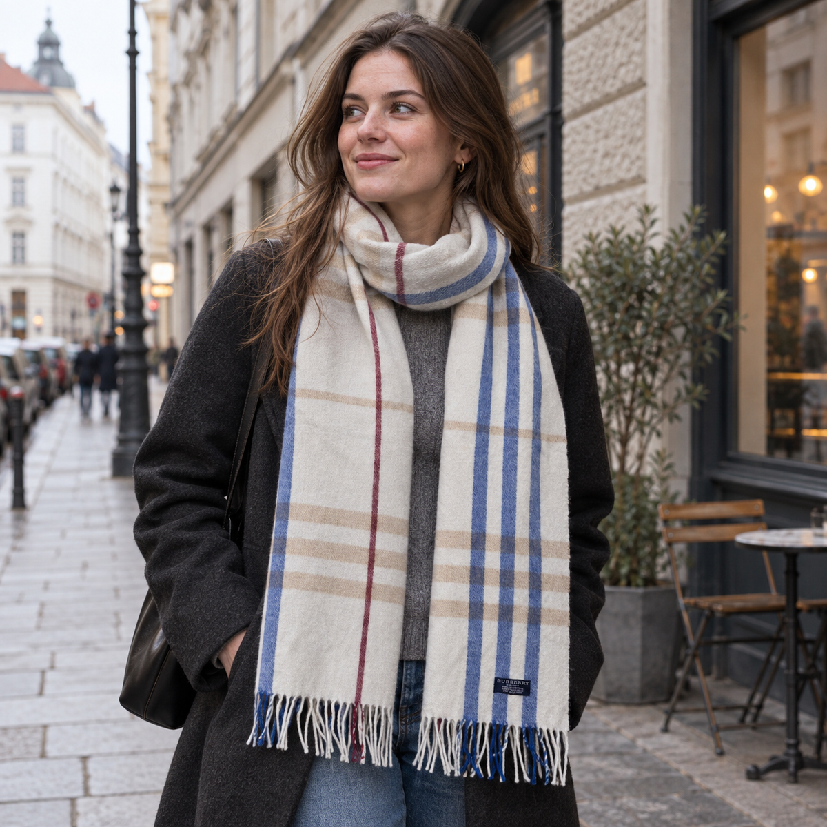 Burberry Schal Nr. 6 in Creme Karo mit Blau, getragen in Wien