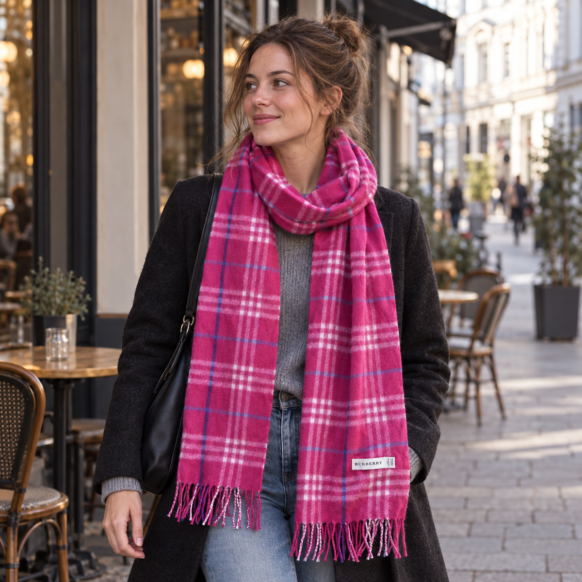 Burberry Schal Nr. 7 in Rosa Karo, getragen in Wien