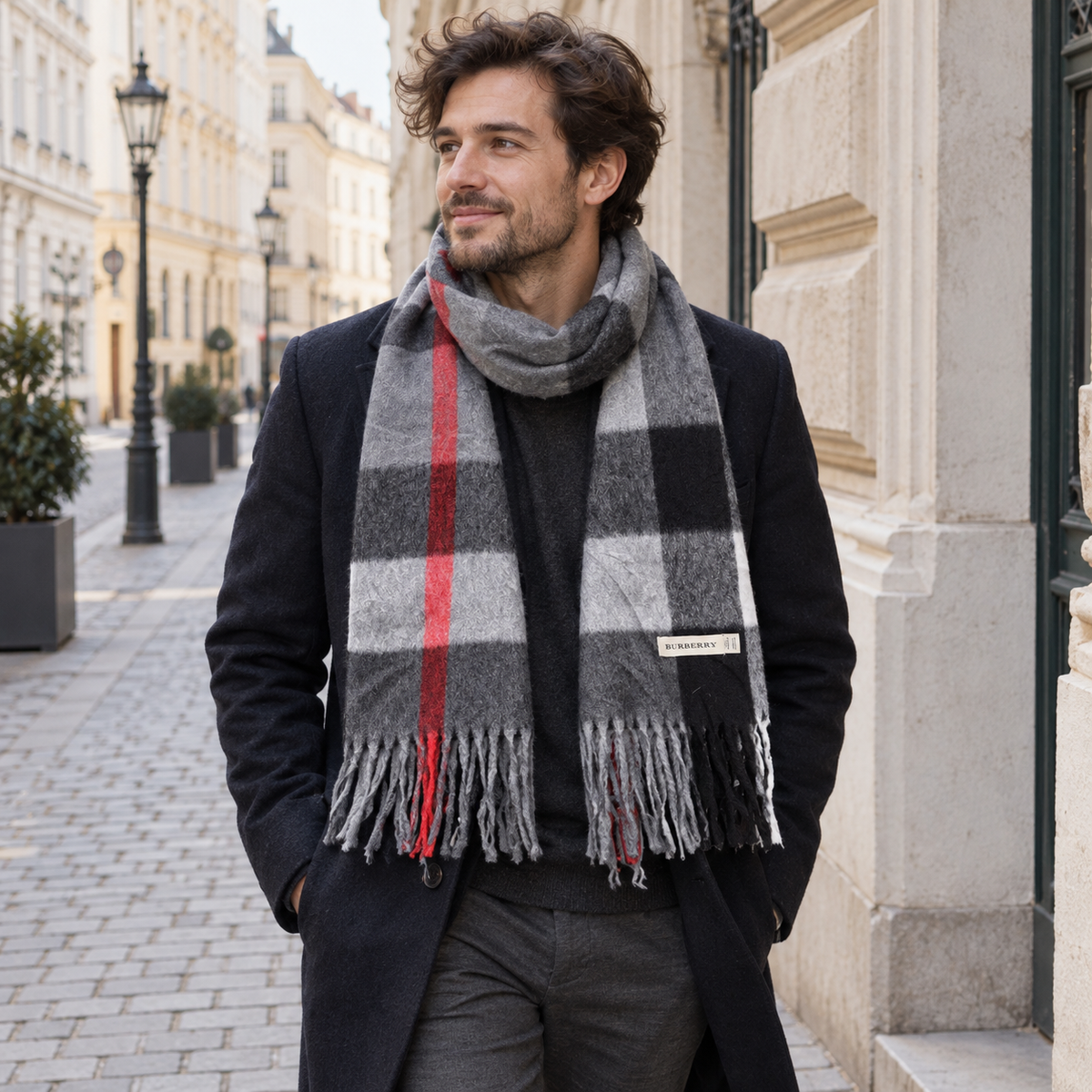 Burberry Schal Nr. 8 in Grau Karo, getragen in Wien
