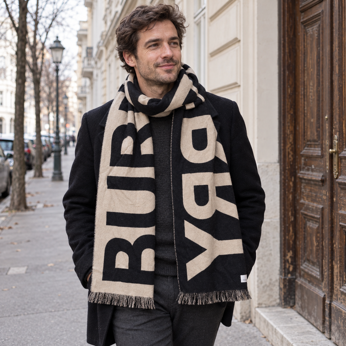 Burberry Schal Nr. 10 in Schwarz-Beige mit Schriftzug, getragen in Wien