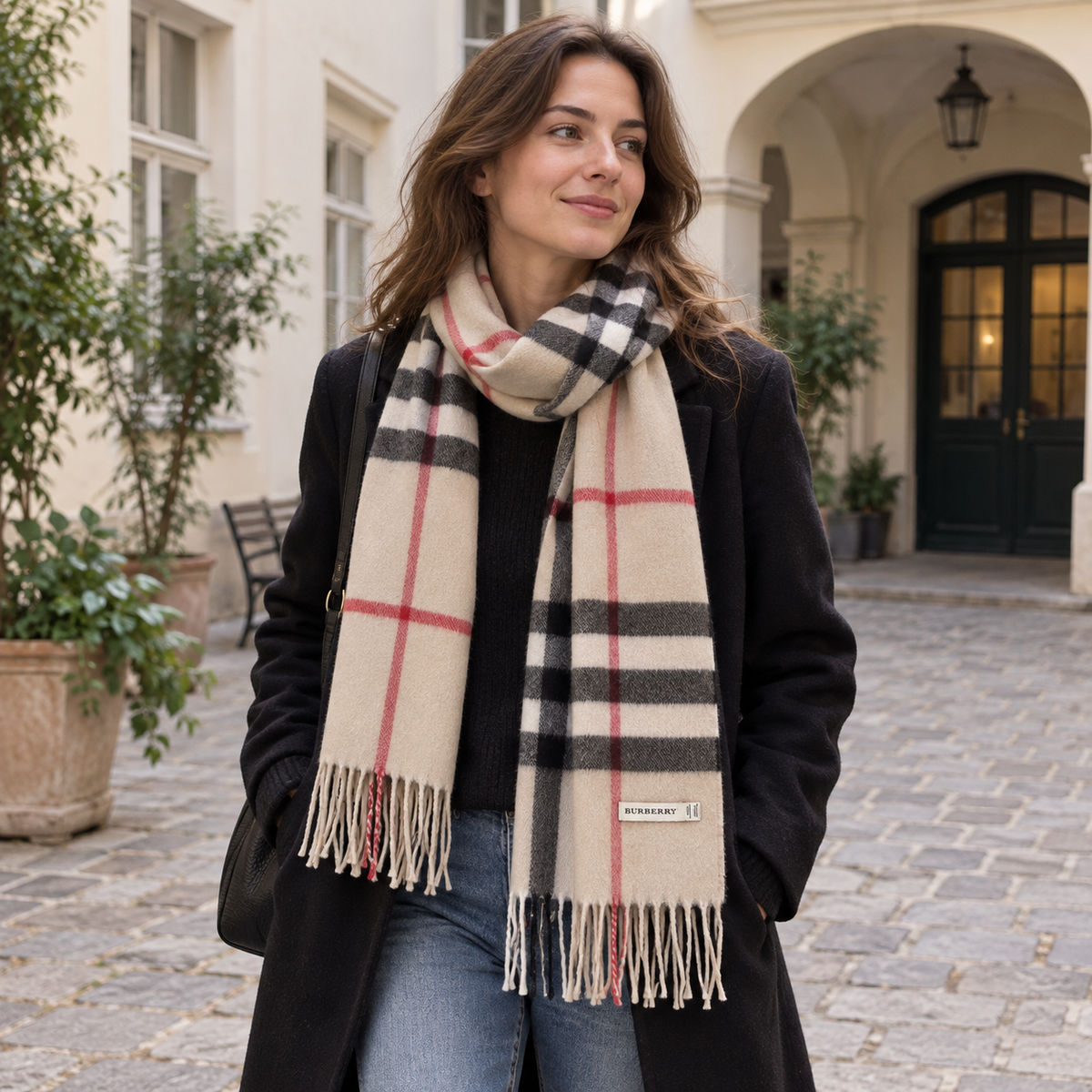 Burberry Schal Nr. 12 in Kamelbraun Karo, getragen in Wien
