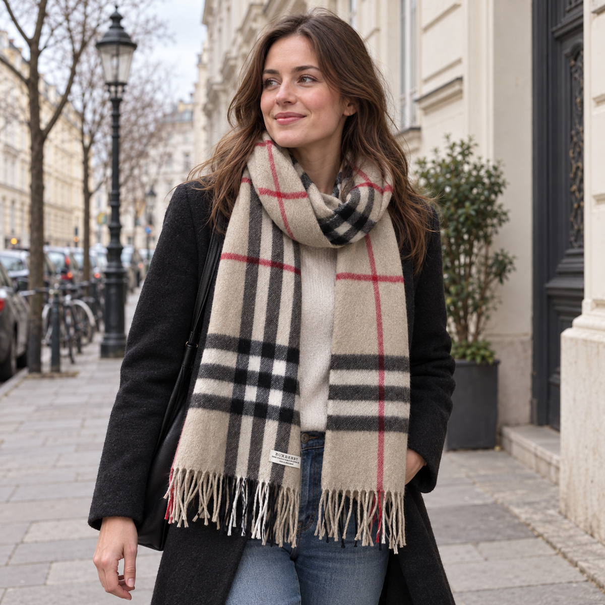 Burberry Schal Nr. 13 in Kamelbraun Karo, getragen in Wien