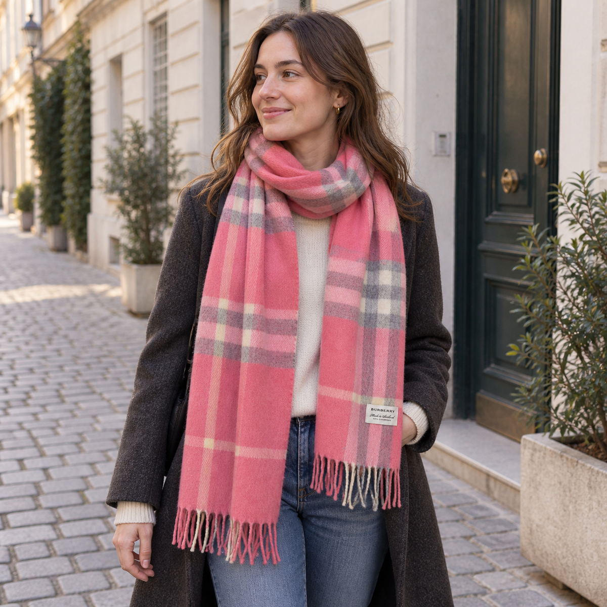 Burberry Schal Nr. 14 in Rosé Karo, getragen in Wien