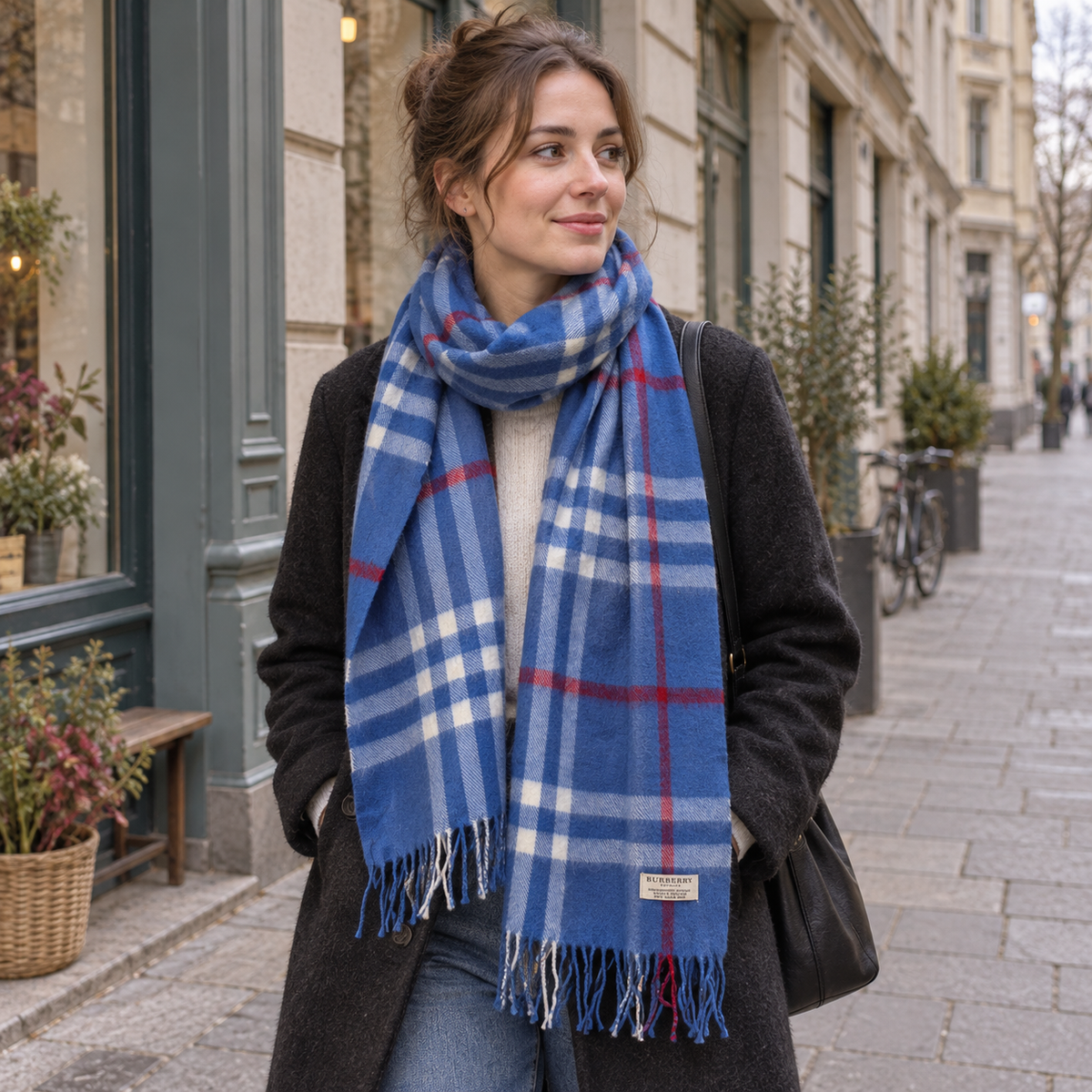 Burberry Schal Nr. 15 in Königsblau Karo, getragen in Wien