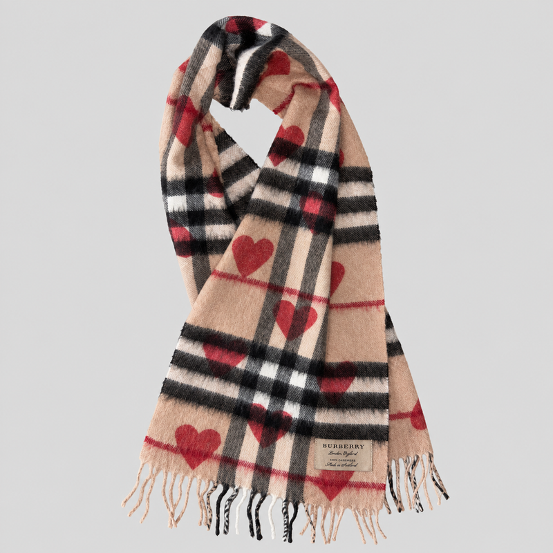 Vintage Burberry Schal Nr. 19 in Kamelbraun Karo mit Herzen, ganz ausgebreitet