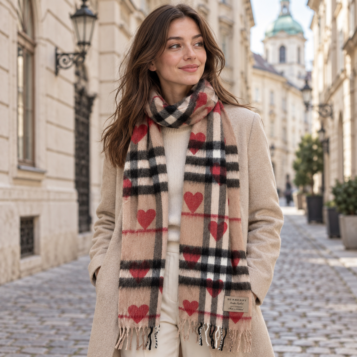 Burberry Schal Nr. 19 in Kamelbraun Karo mit Herzen, getragen in Wien