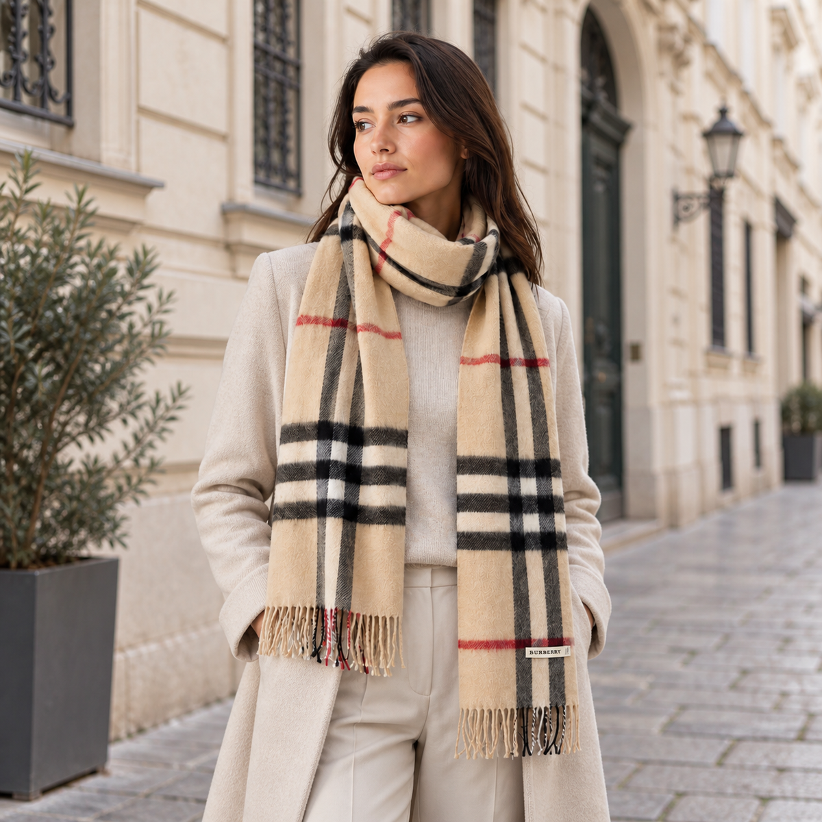 Burberry Schal Nr. 20 in Kamelbraun Karo, getragen in Wien
