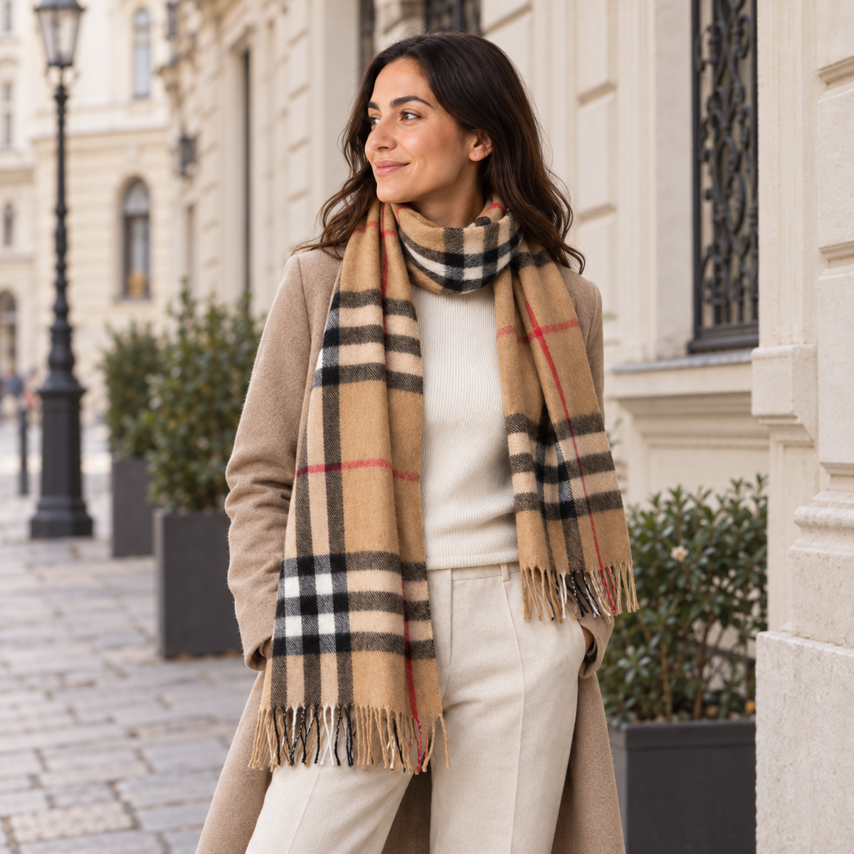 Burberry Schal Nr. 22 in Kamelbraun Karo, getragen in Wien