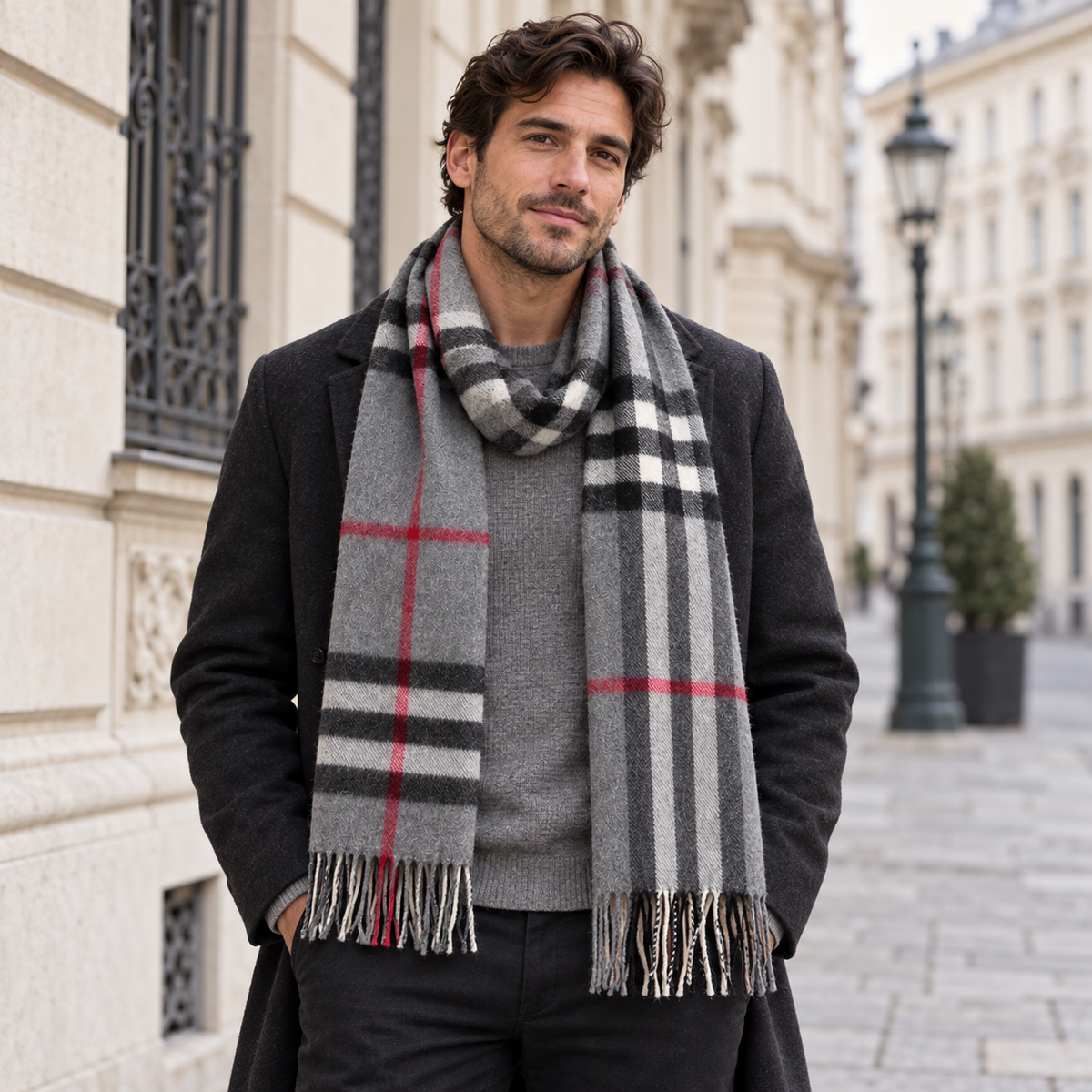 Burberry Schal Nr. 23 in Anthrazit Karo, getragen in Wien