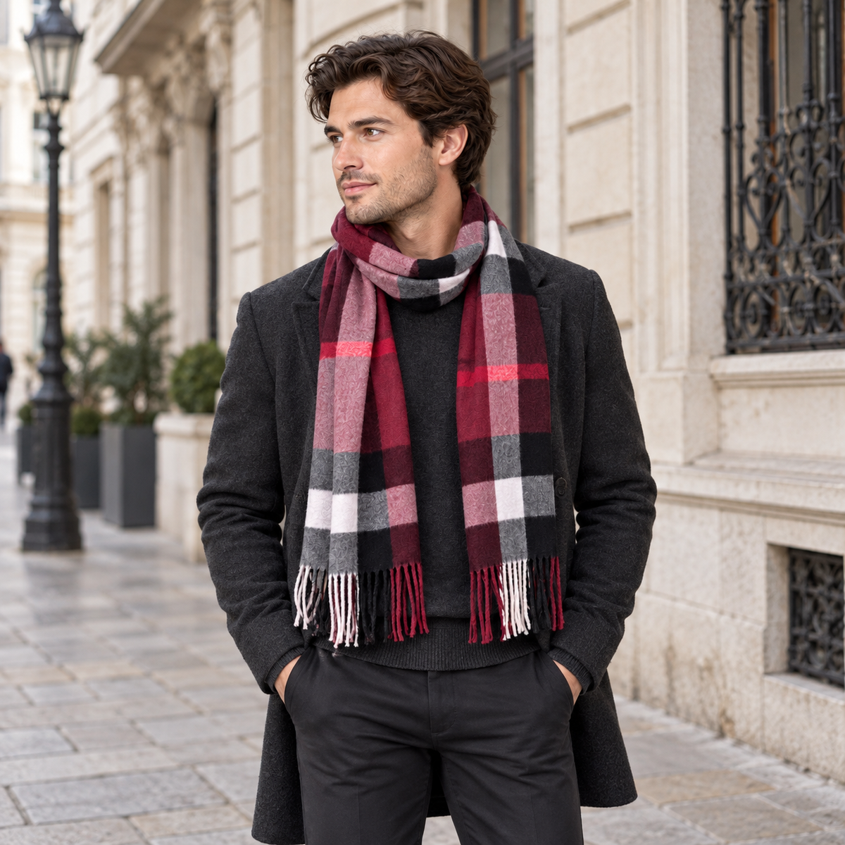 Burberry Schal Nr. 24 in Bordeaux Karo, getragen in Wien