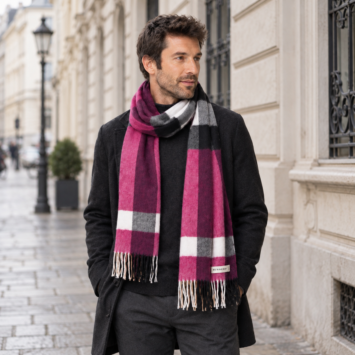 Burberry Schal Nr. 25 in Magenta Karo, getragen in Wien