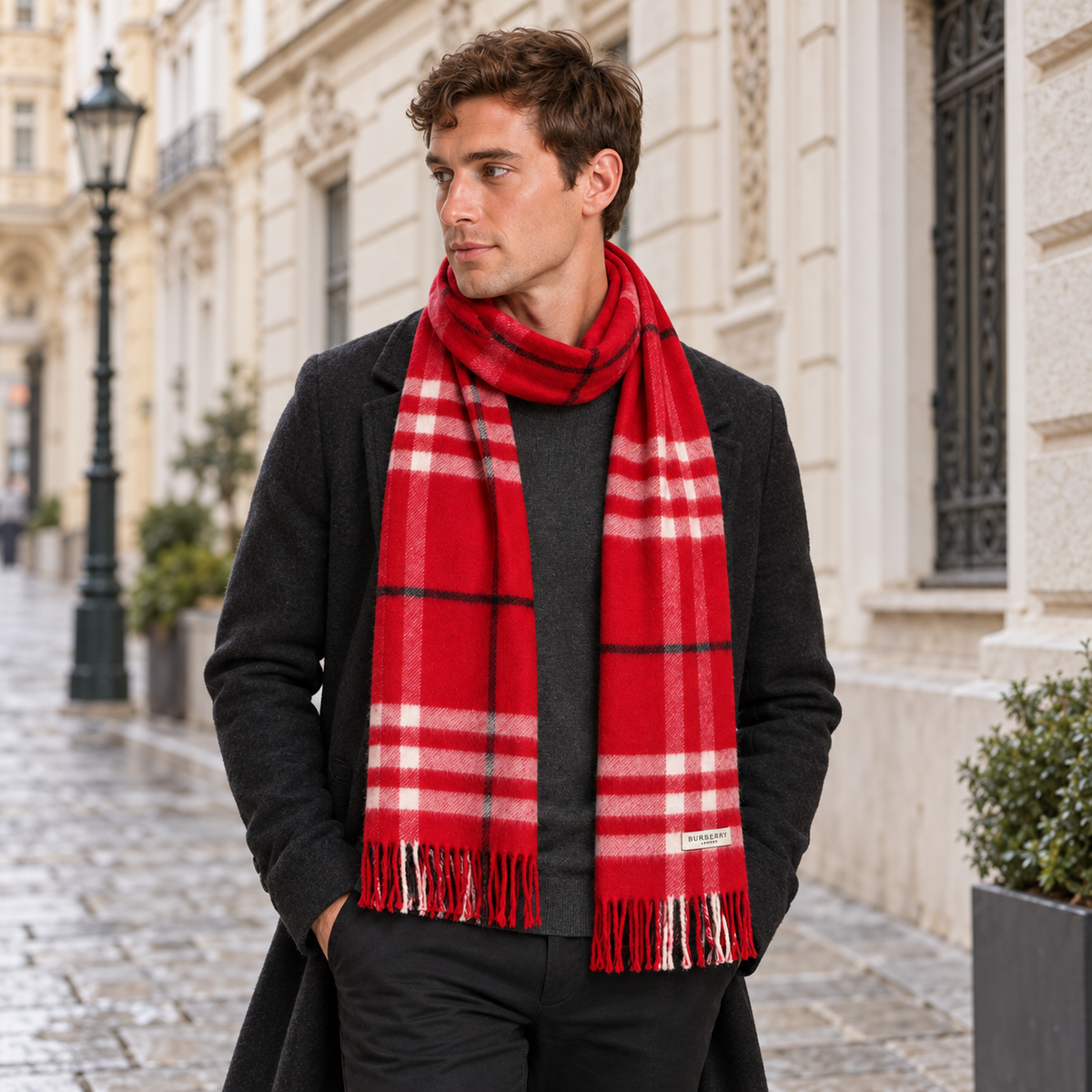 Burberry Schal Nr. 26 in Rot Karo, getragen in Wien