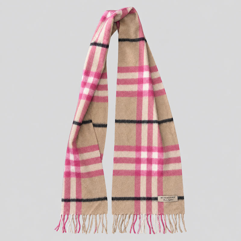 Vintage Burberry Schal Nr. 27 in Kamelbraun Karo mit Rosa, ganz ausgebreitet