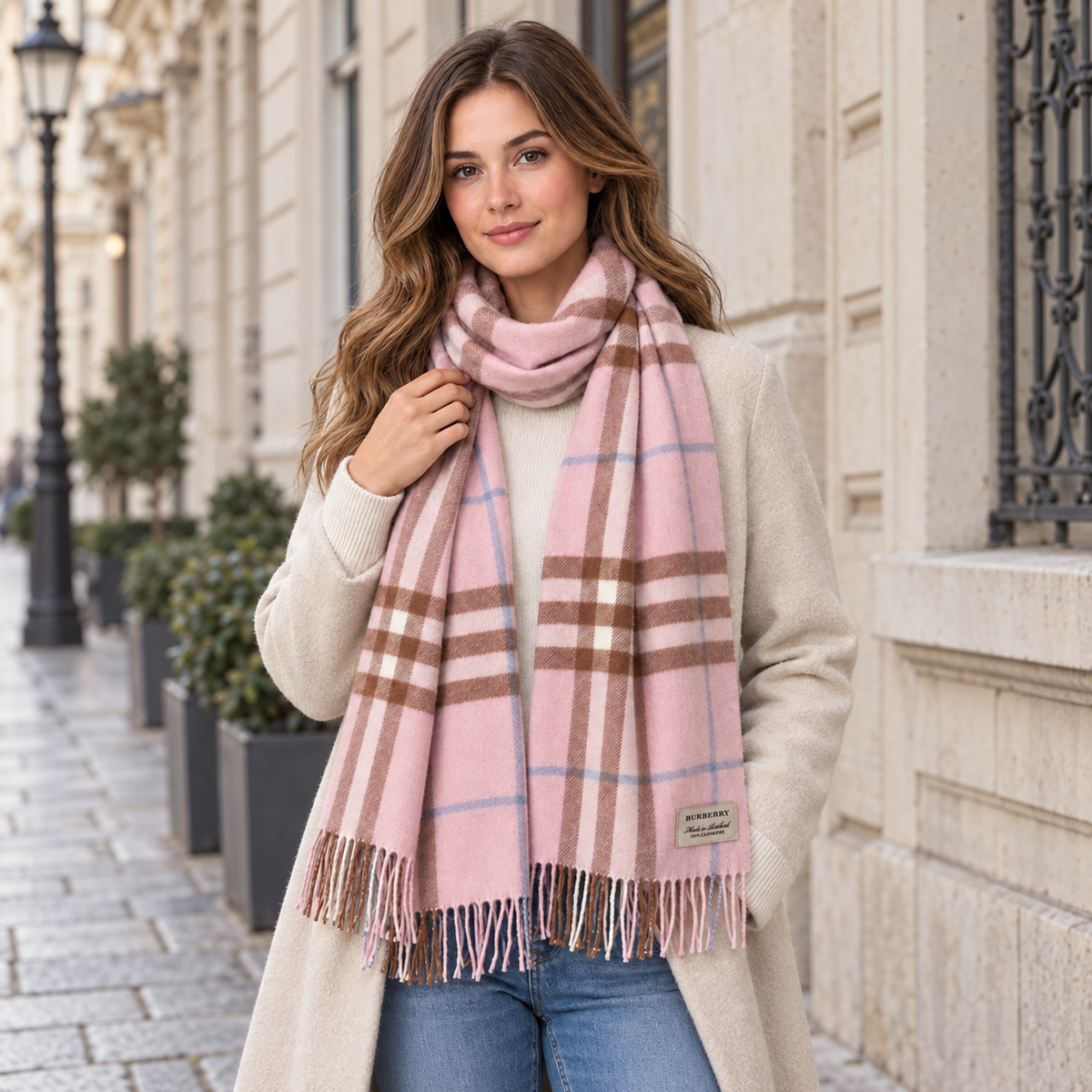 Burberry Schal Nr. 28 in Zartrosa-Braun Karo, getragen in Wien